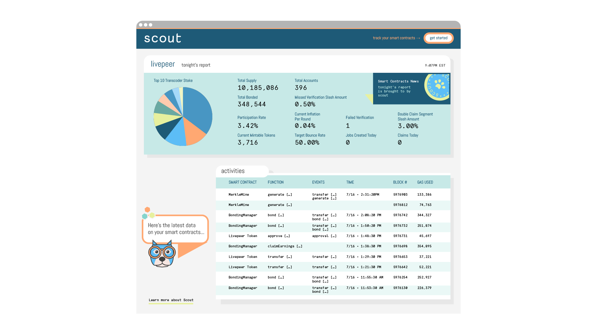Naming, mascot, and brand identity for a blockchain data explorer.