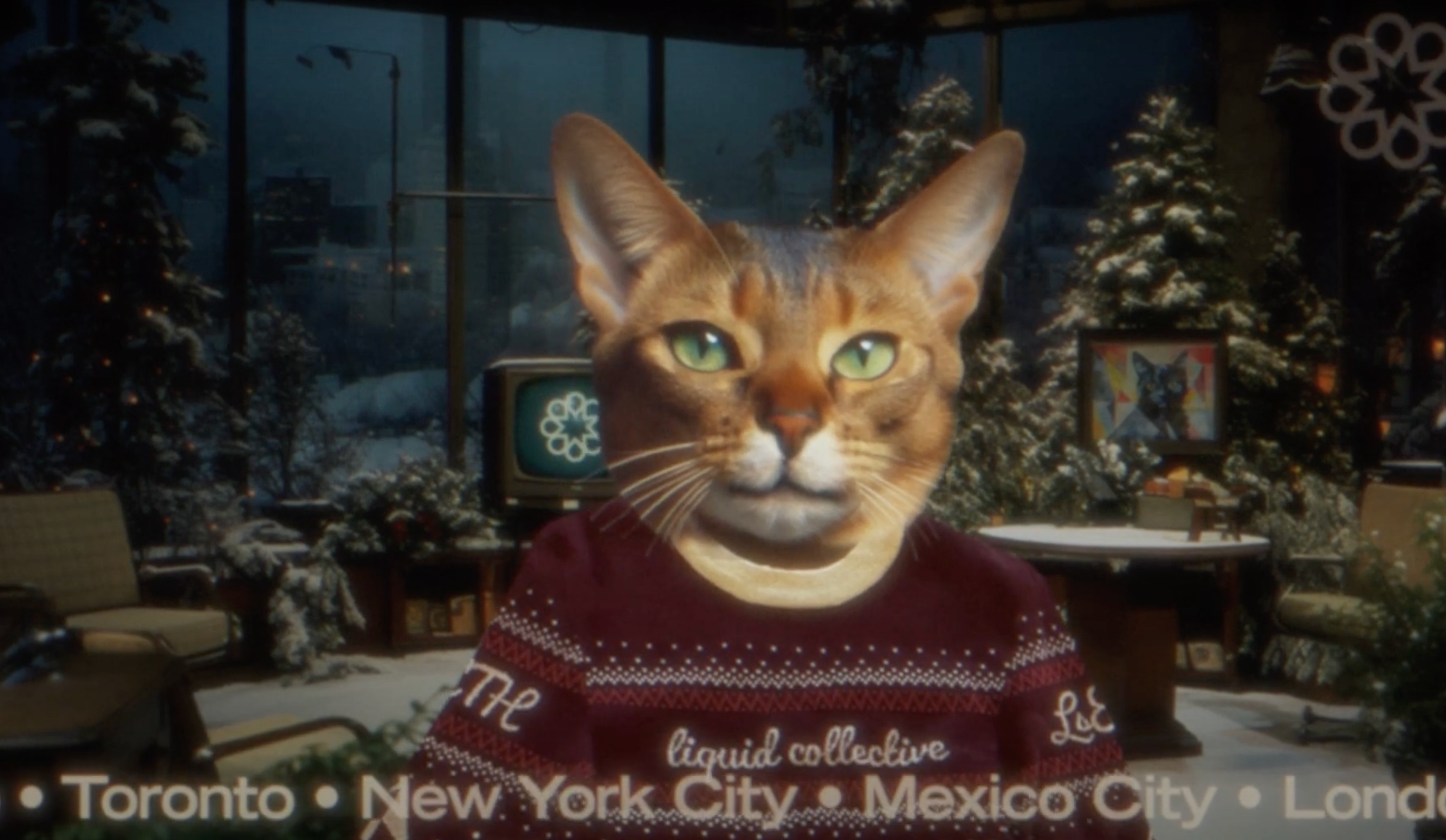 Mr. X wearing Liquid Collective holiday sweater for December year-end newsletter