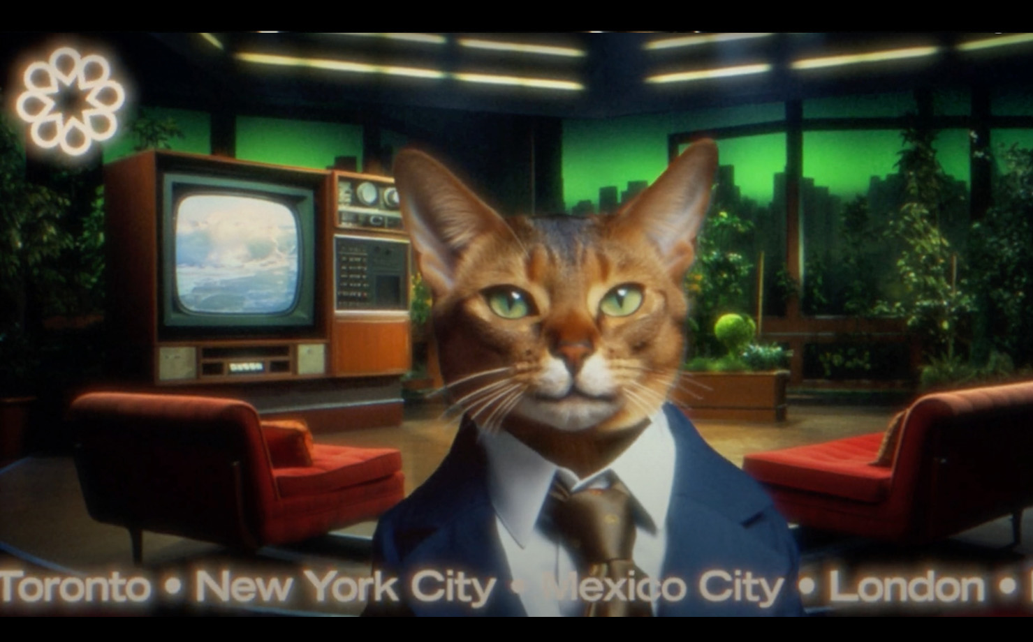 Mr. X in retro news studio with mid-century modern design and city names scrolling