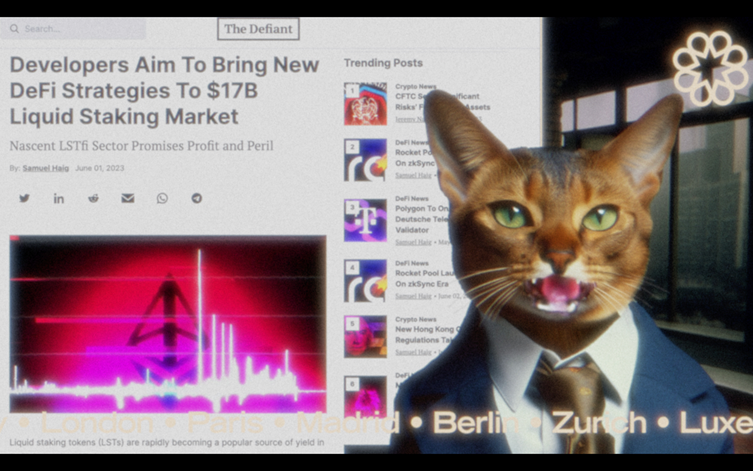 Mr. X reviewing The Defiant article about $17B liquid staking market on studio monitors