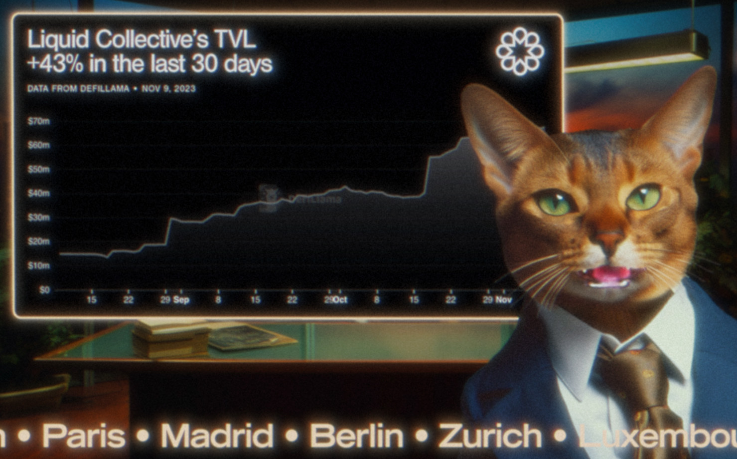 Mr. X analyzing TVL growth chart showing 43% increase over 30 days
