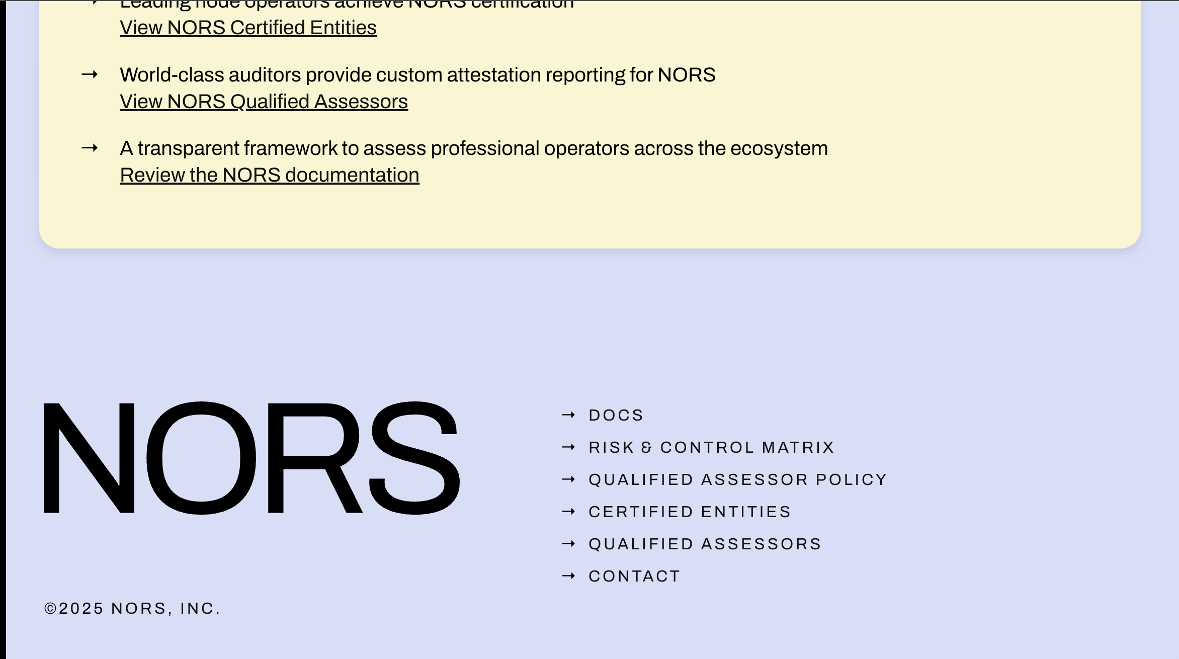 NORS website footer navigation with documentation links