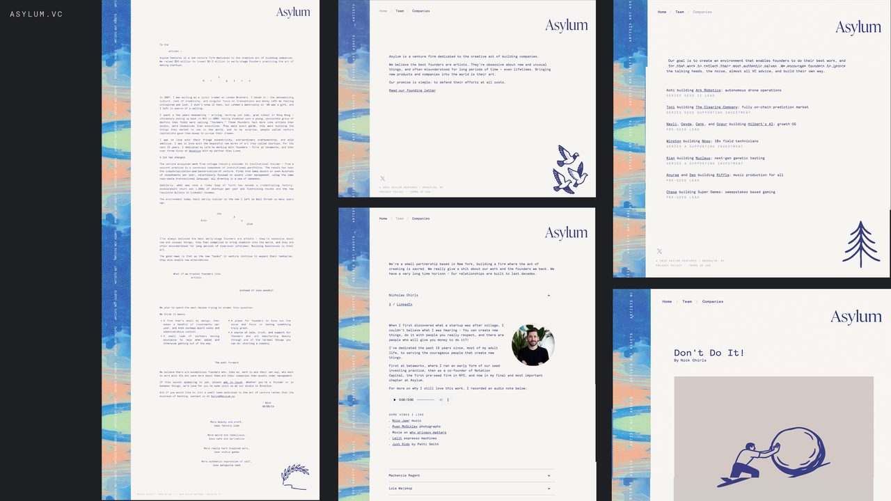 Asylum venture firm website interior pages and navigation design