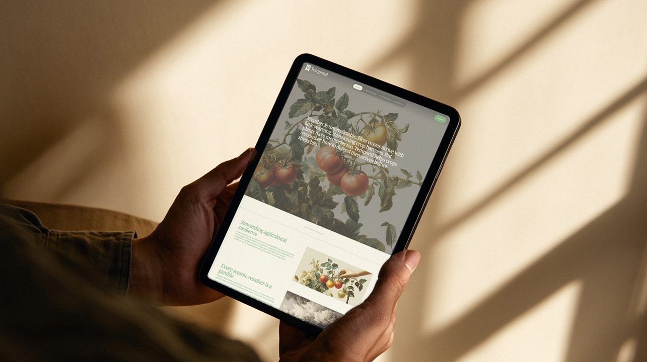 Hands holding an iPad showing the Temporal website in warm window light