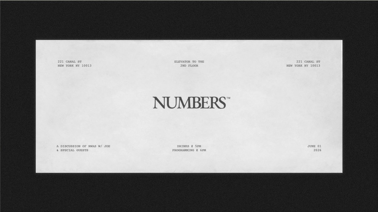 Numbers letterhead with the centered serif wordmark and monospaced details