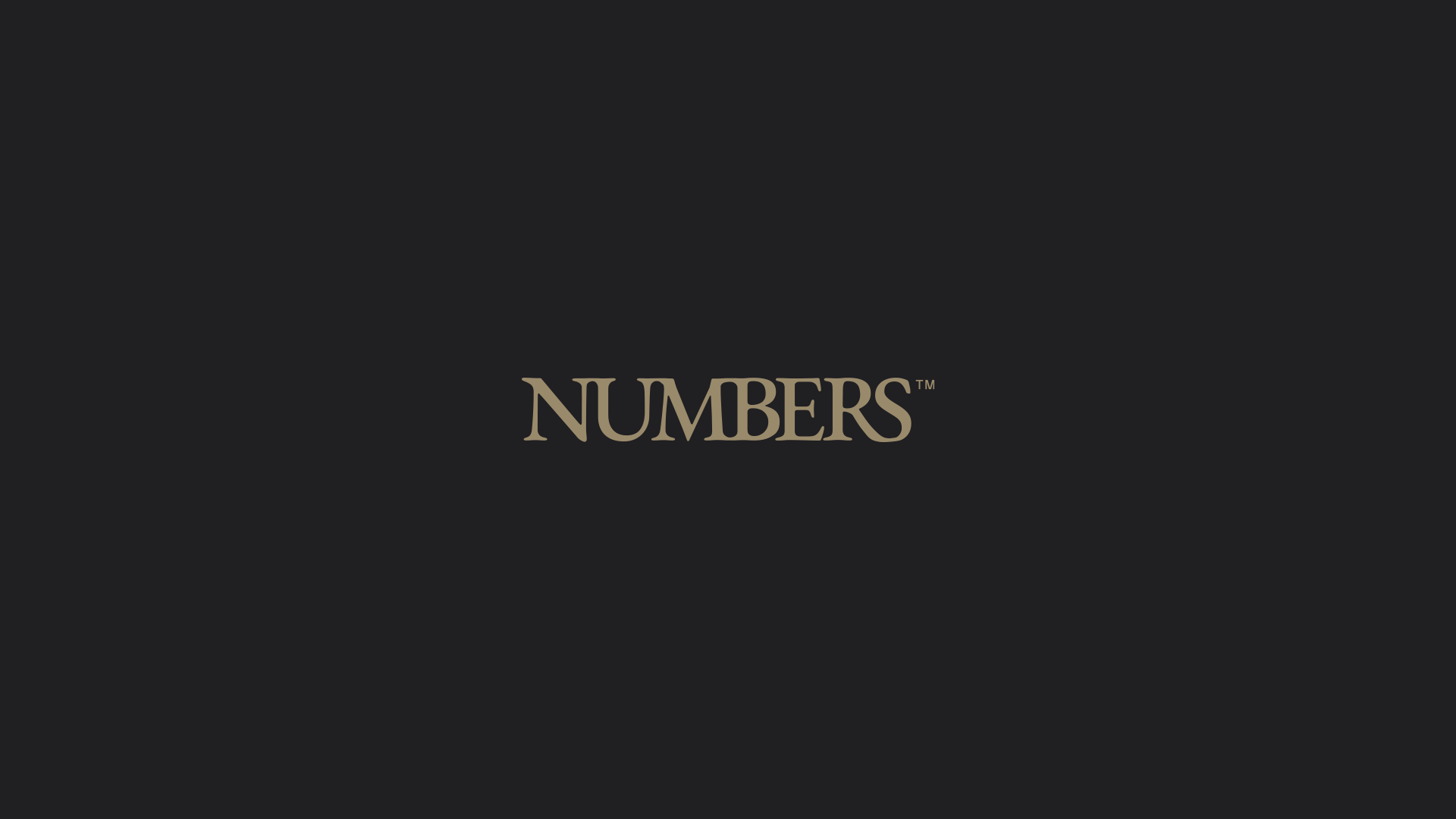 Numbers serif wordmark in gold on a near-black field