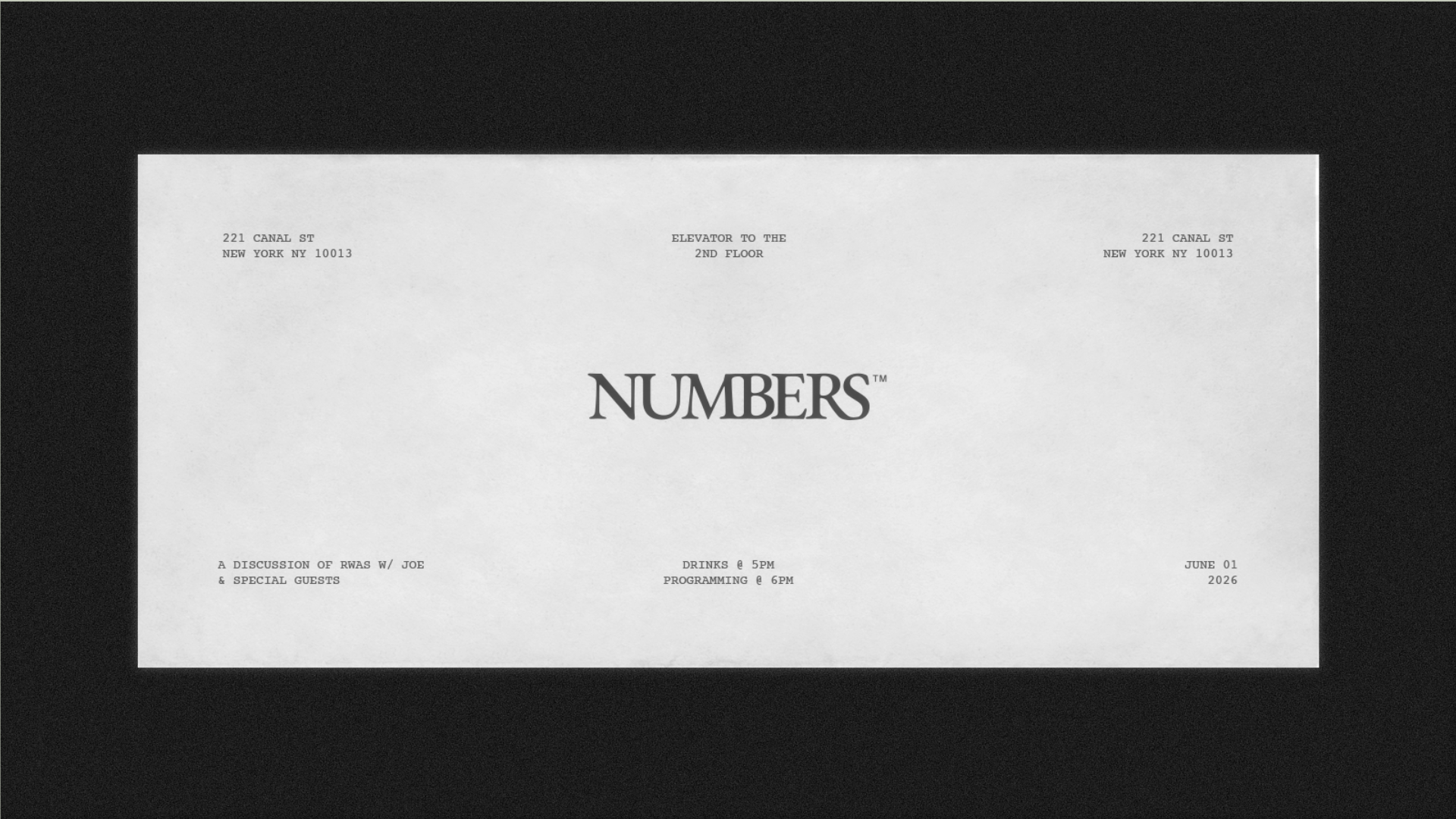 Numbers letterhead with the centered serif wordmark and monospaced details