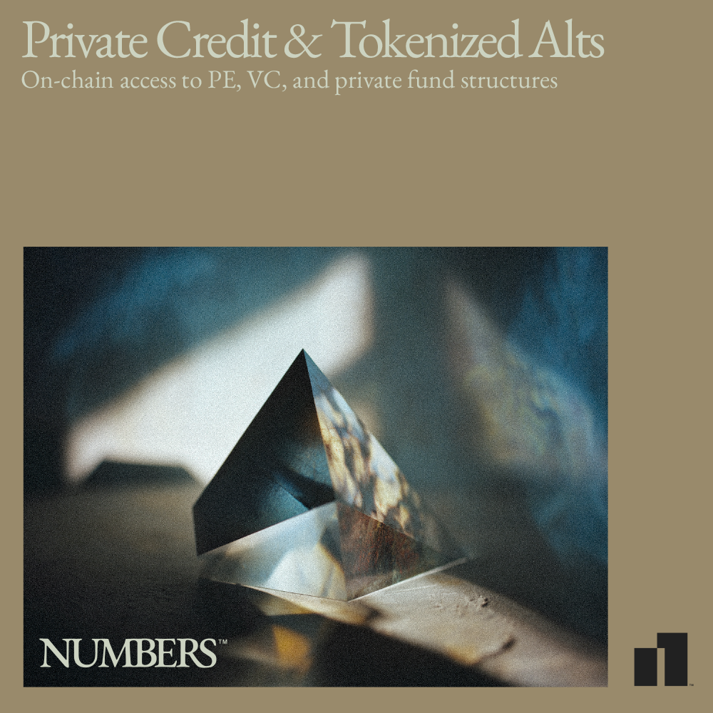 Numbers report cover: Private Credit and Tokenized Alts, with a prism over on-chain access to PE, VC, and private fund structures