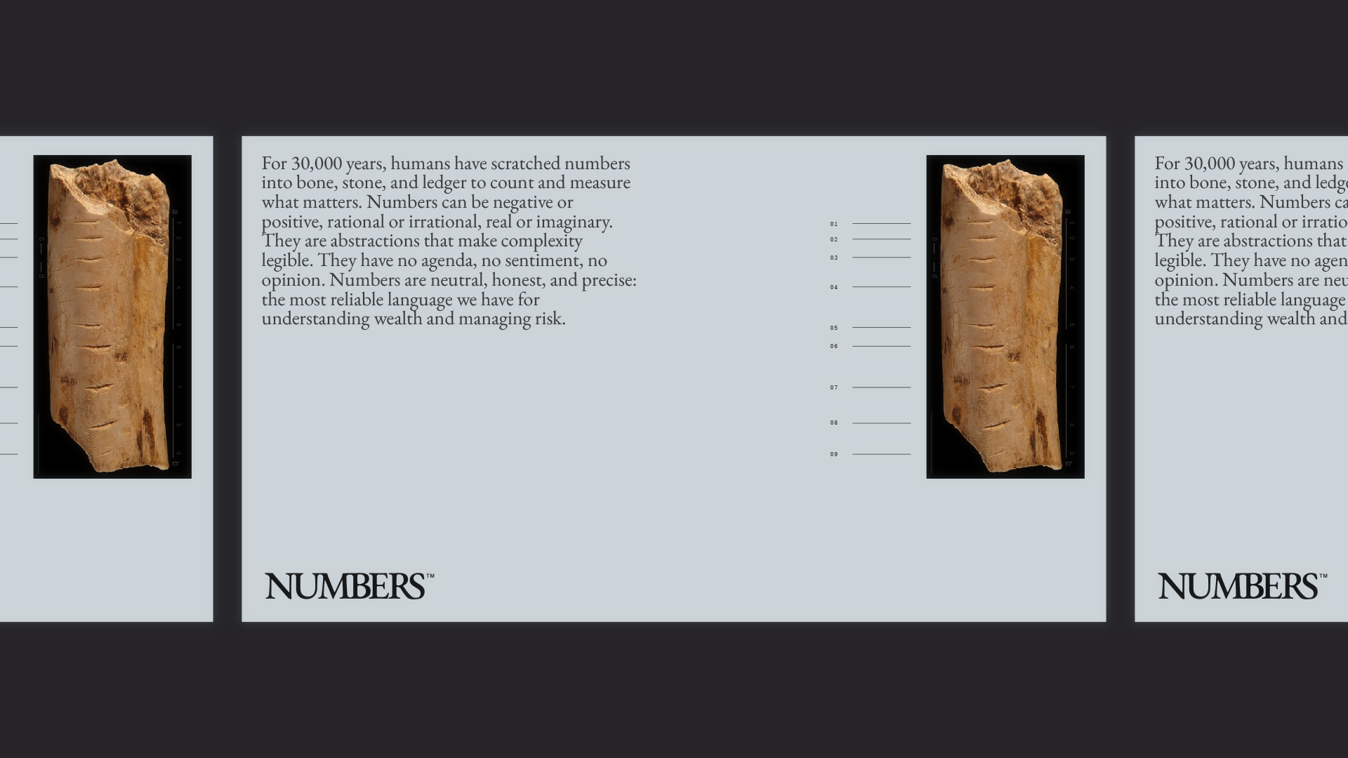 Numbers brand system spread pairing an ancient tally bone with the name-meaning statement