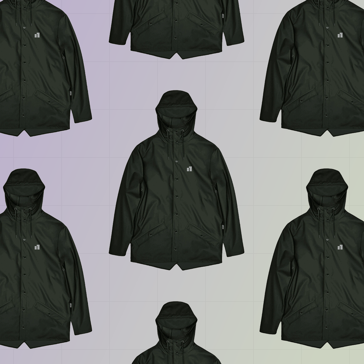 Numbers brand symbol on a black rain jacket, shown in a repeating grid