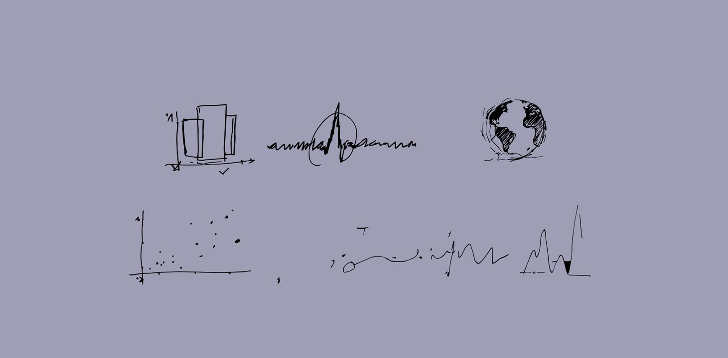Hand drawn spot illustrations of a bar chart, a signal trace, a globe, a scatter plot and a waveform