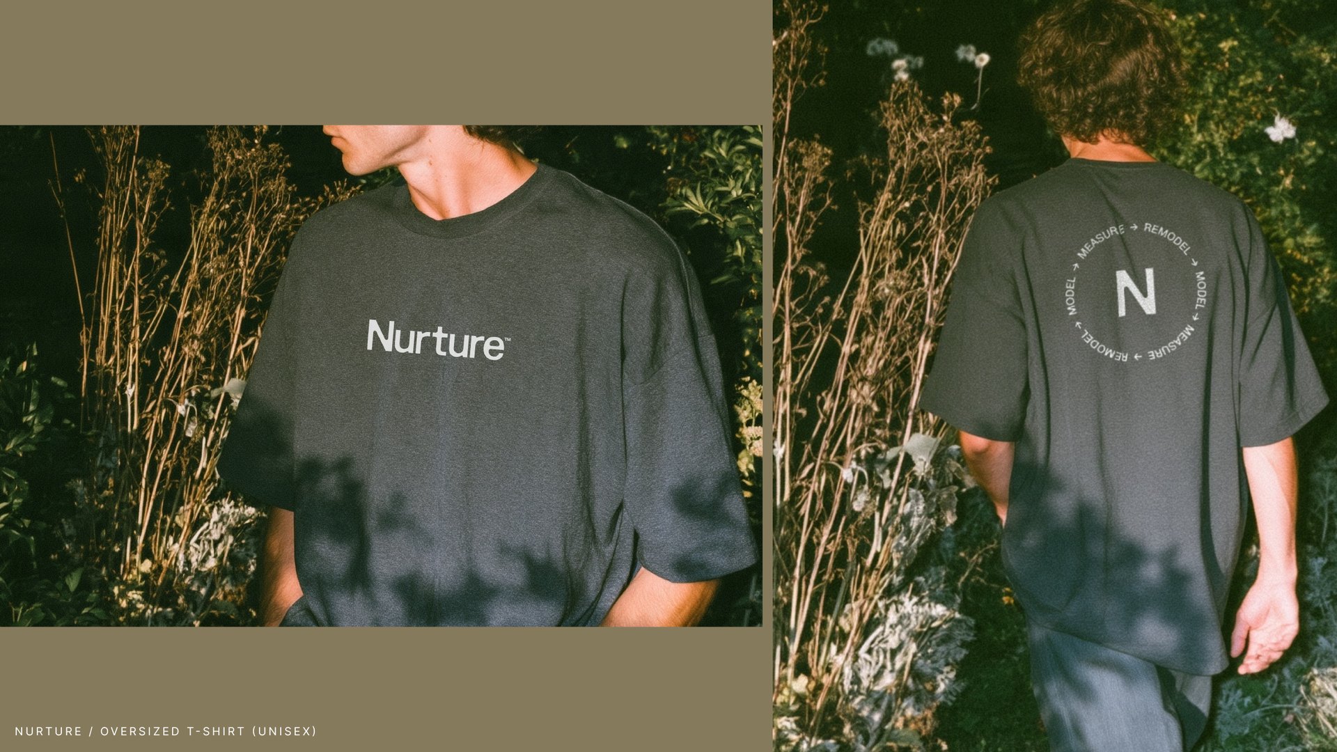 Oversized Nurture t-shirt photographed at night, the wordmark across the front and the N symbol ringed by the words model, measure and remodel on the back