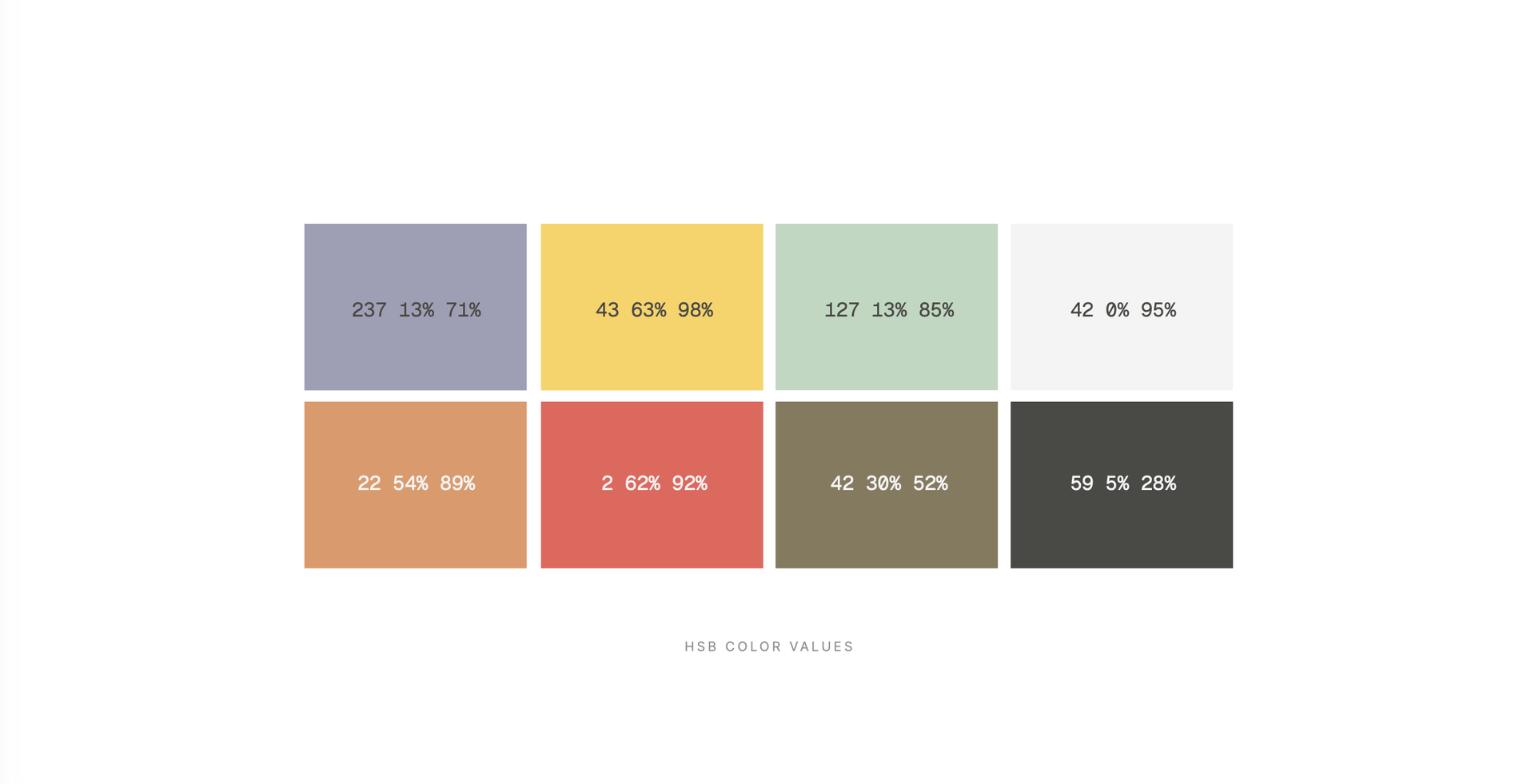 Nurture color palette of eight swatches in periwinkle, yellow, sage, off white, terracotta, red, olive and charcoal, labeled with HSB values