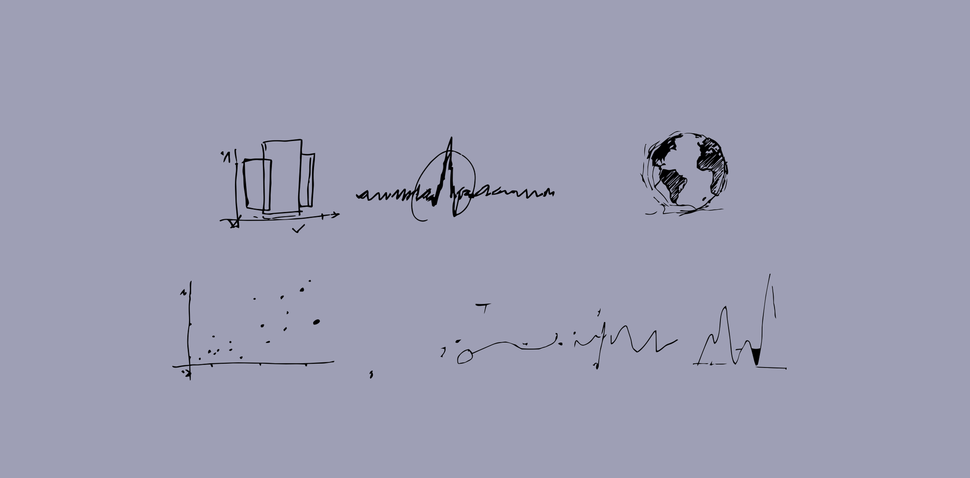 Hand drawn spot illustrations of a bar chart, a signal trace, a globe, a scatter plot and a waveform