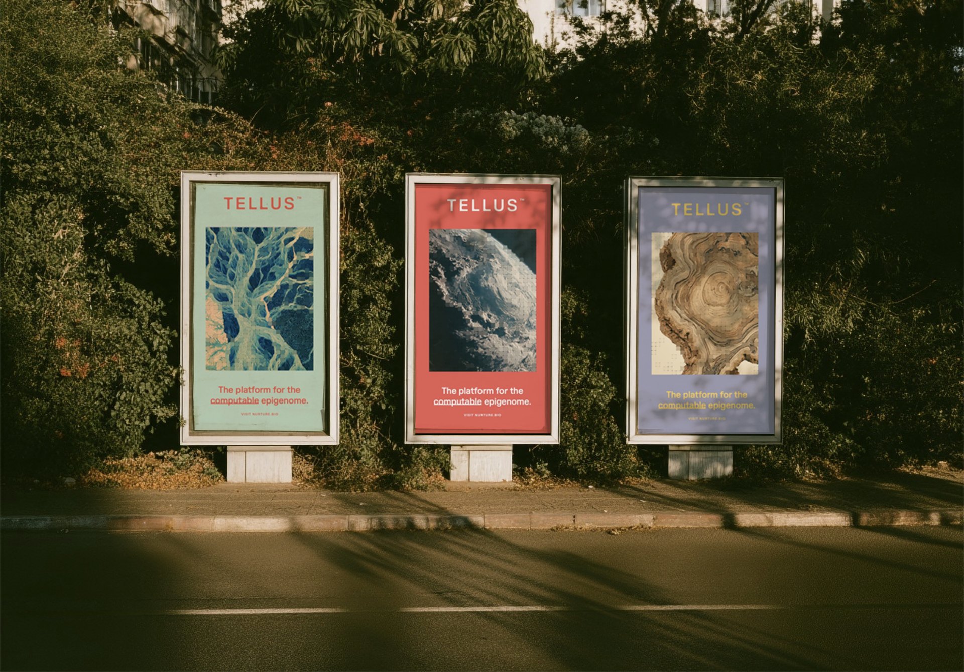 Three Tellus posters mounted in street billboards against a hedge, in sage, red and periwinkle, each pairing a grid processed landscape with the line The platform for the computable epigenome