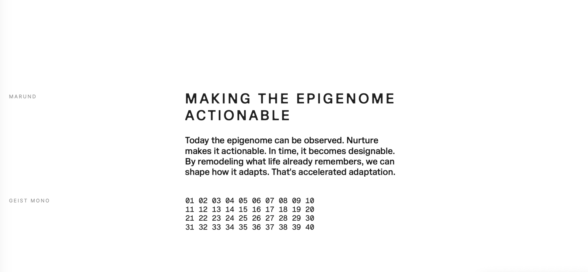Nurture typography pairing Marund in display capitals with Geist Mono numerals, set around the line Making the epigenome actionable