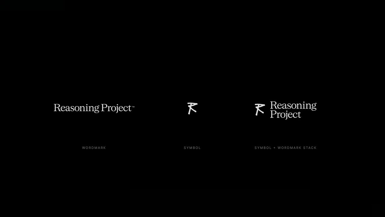 Reasoning Project logo system: serif wordmark, gestural R symbol, and stacked lockup