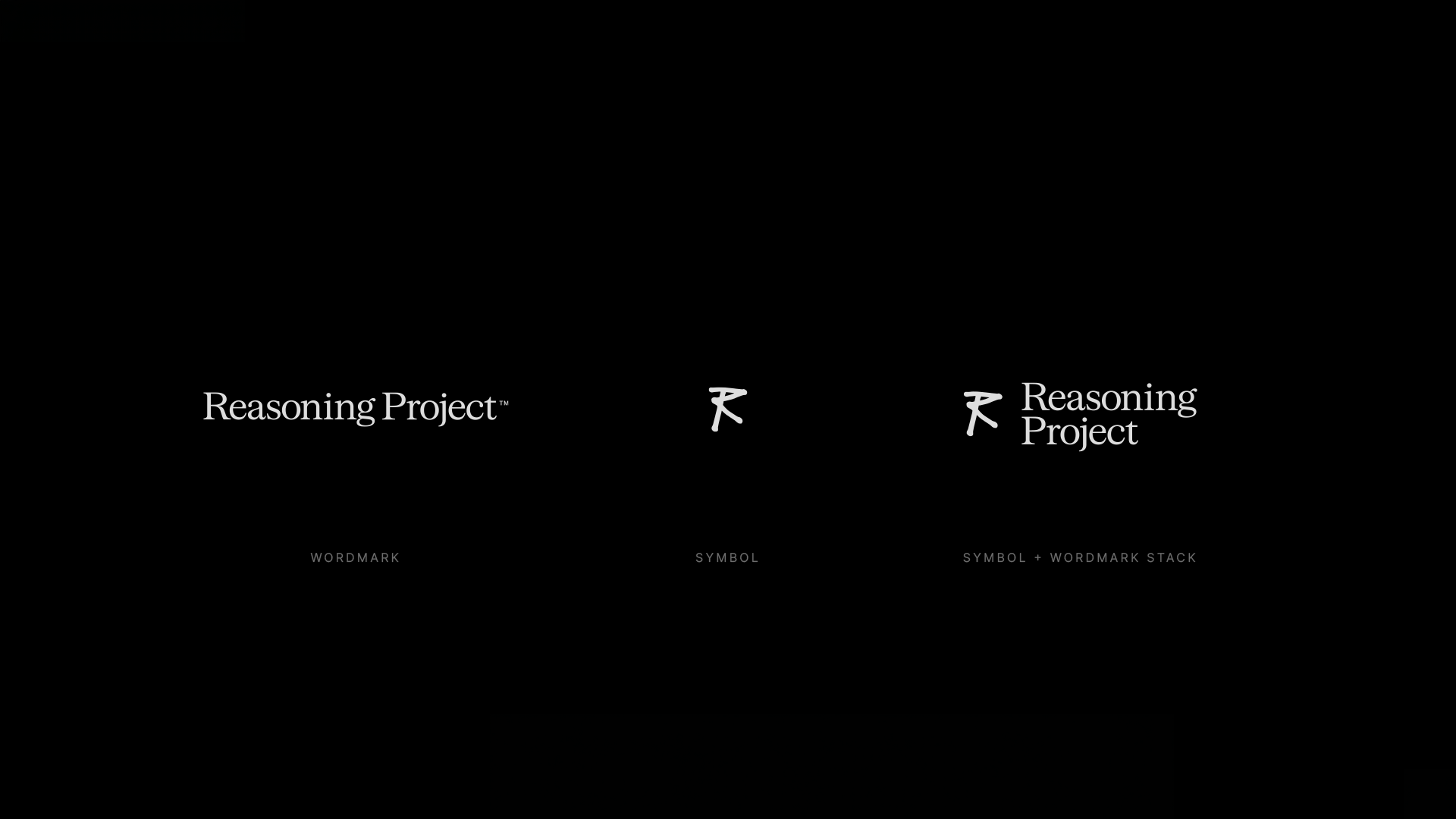 Reasoning Project logo system: serif wordmark, gestural R symbol, and stacked lockup