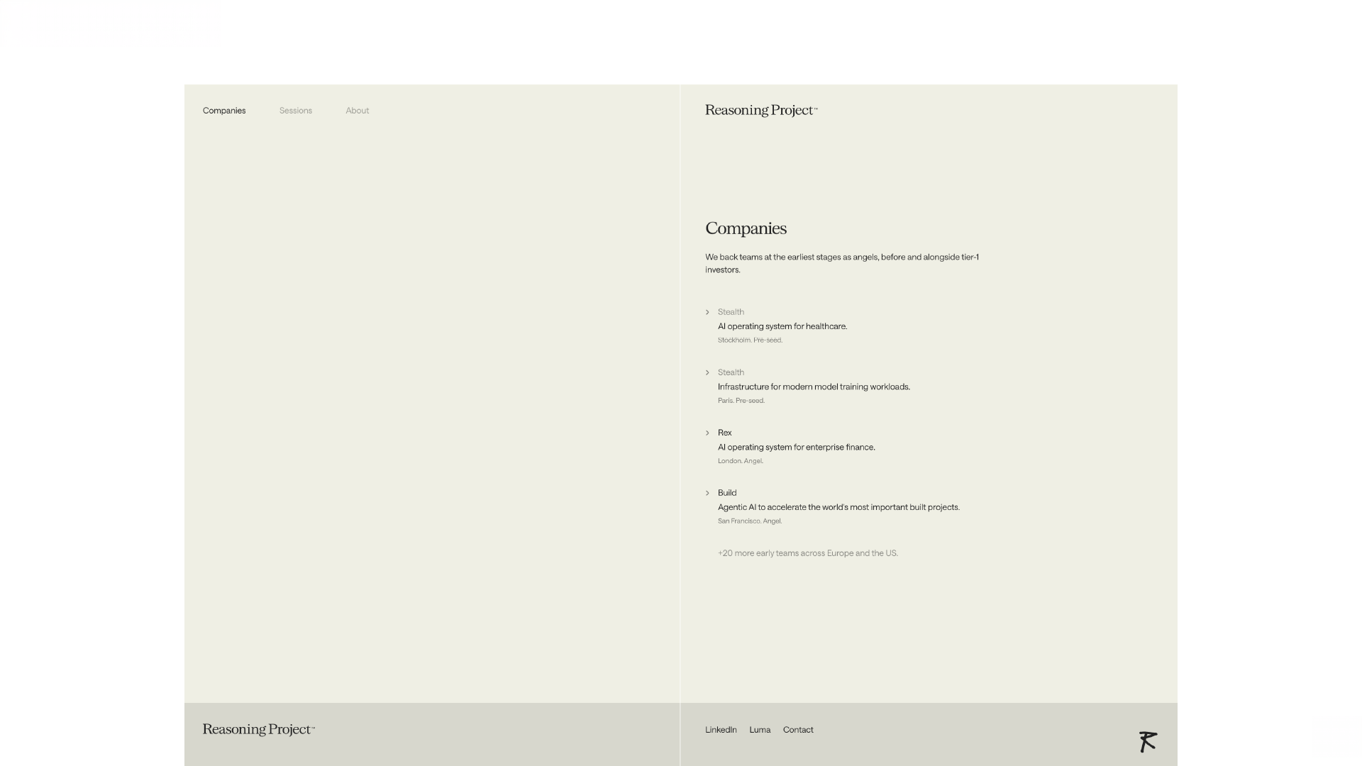 Reasoning Project website Companies page listing backed teams