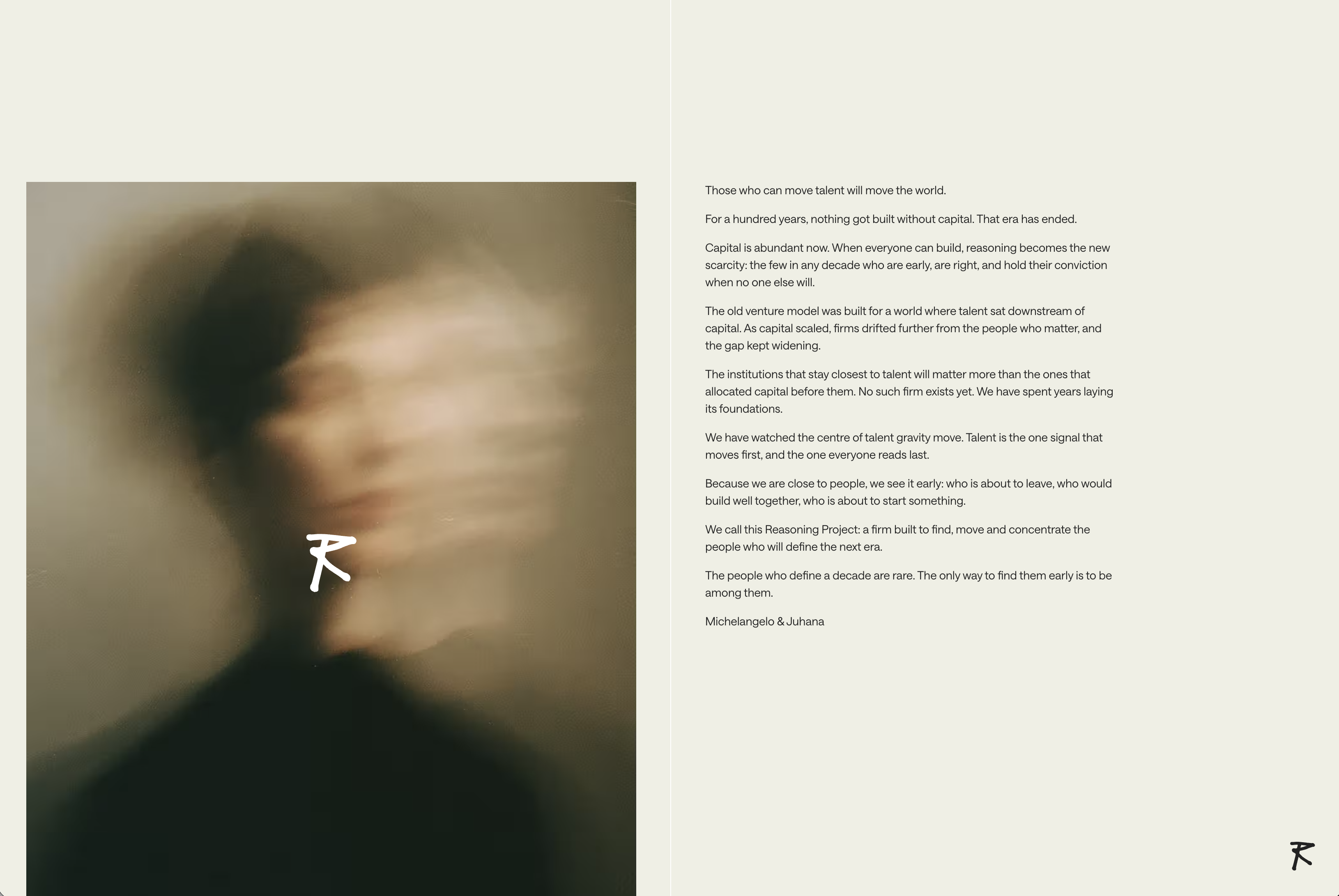 Reasoning Project manifesto spread: an in-motion portrait with the gestural R symbol beside the founders' written thesis that reasoning is the new scarcity