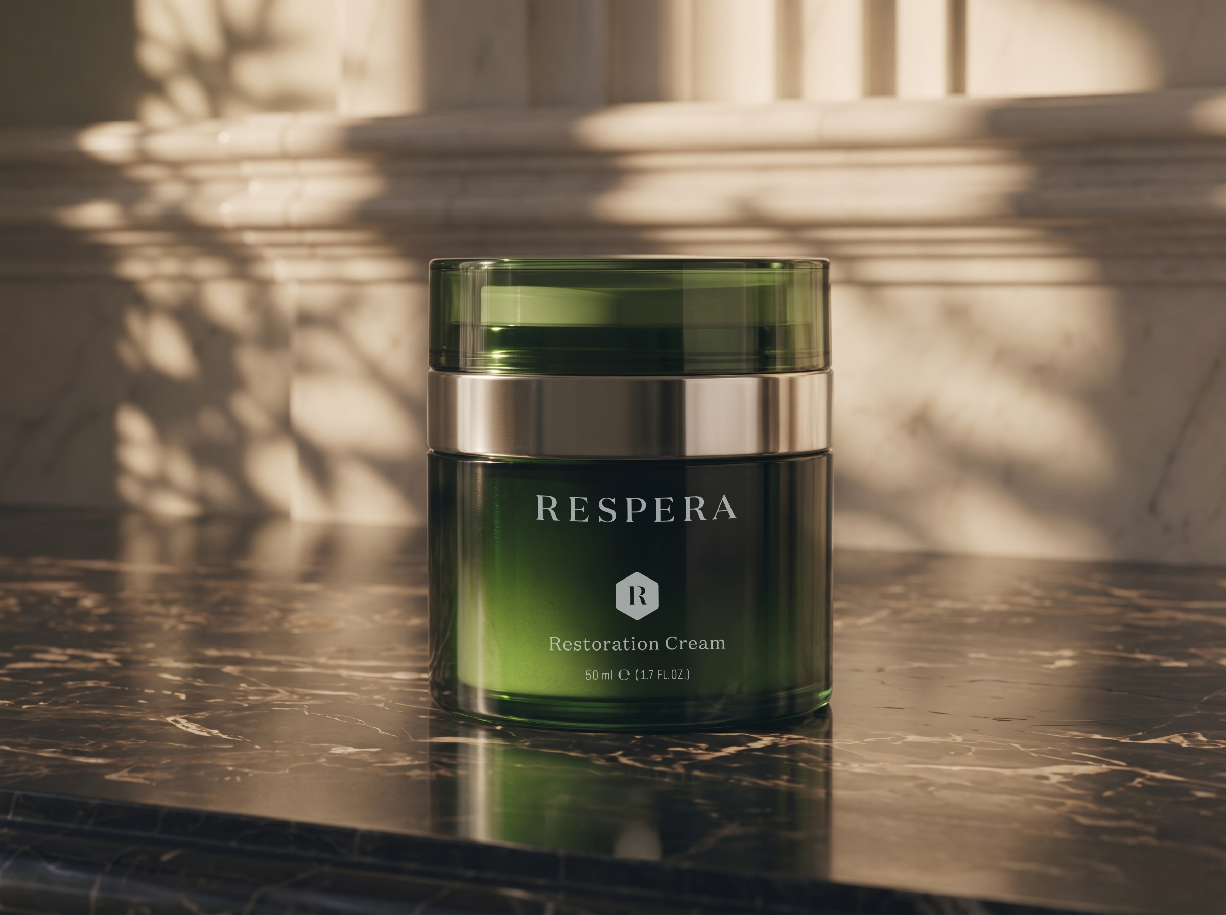 Respera skincare bottle and packaging detail in use